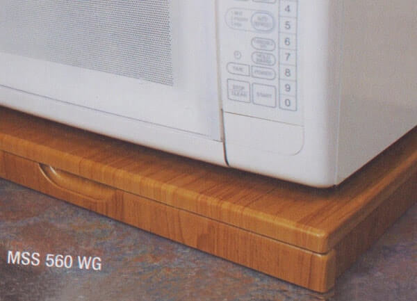 a microwave shelf, a closed 560mm Woodgrain Microwave Stealth Shelf